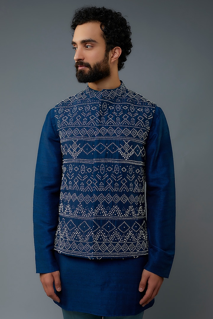 Blue Dupion Silk Embroidered Nehru Jacket Set by Divyam Mehta Men at Pernia's Pop Up Shop