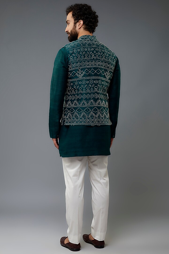 Bottle Green Dupion Silk Embroidered Nehru Jacket Set by Divyam Mehta Men at Pernia's Pop Up Shop