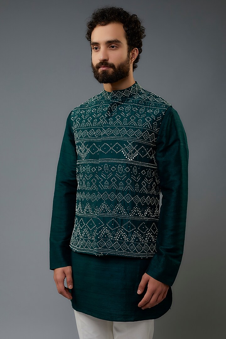 Bottle Green Dupion Silk Embroidered Nehru Jacket Set by Divyam Mehta Men at Pernia's Pop Up Shop