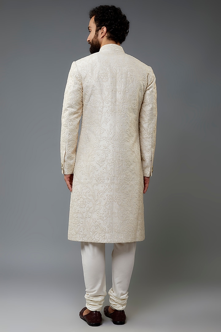 Ivory Raw Silk Groom Sherwani Set by Divyam Mehta Men at Pernia's Pop Up Shop