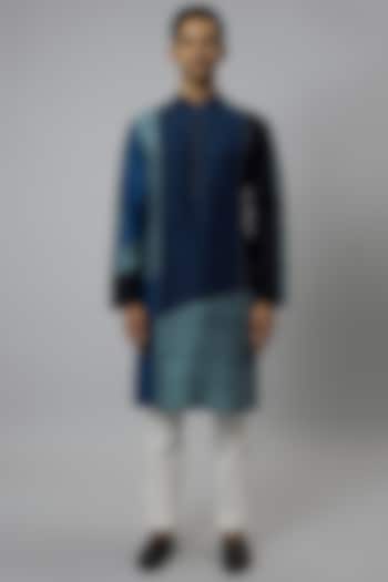 Blue Raw Silk & Stretch Cotton Color Blocked Kurta Set by Divyam Mehta Men