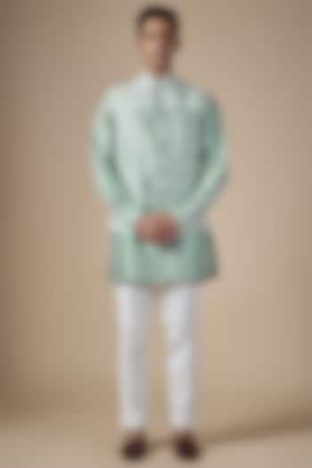 Powder Blue Raw Silk Bundi Jacket Set by Divyam Mehta Men at Pernia's Pop Up Shop