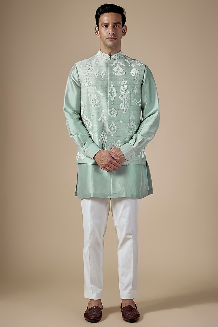 Powder Blue Raw Silk Bundi Jacket Set by Divyam Mehta Men at Pernia's Pop Up Shop