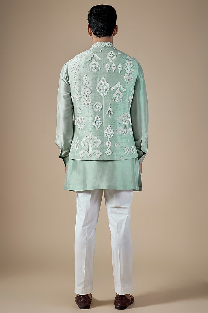 Powder Blue Raw Silk Bundi Jacket Set by Divyam Mehta Men at Pernia's Pop Up Shop