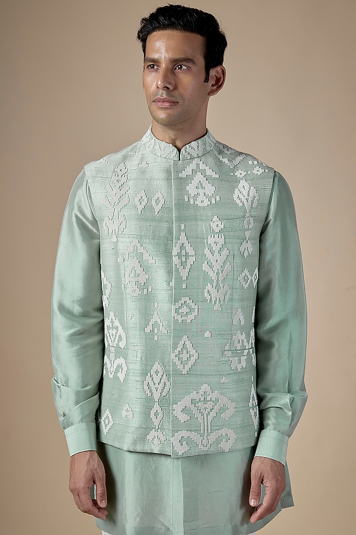 Powder Blue Raw Silk Bundi Jacket Set by Divyam Mehta Men at Pernia's Pop Up Shop