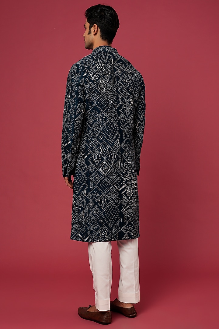 Blue Silk Embroidered Groom Indowestern Set by Divyam Mehta Men at Pernia's Pop Up Shop