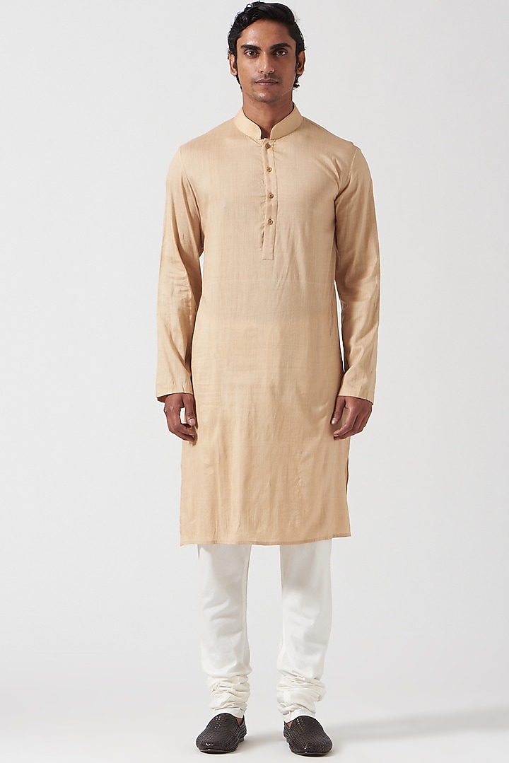 Beige Raw Silk Floral Thread Embroidered Wedding Sherwani Set by Divyam Mehta Men at Pernia's Pop Up Shop