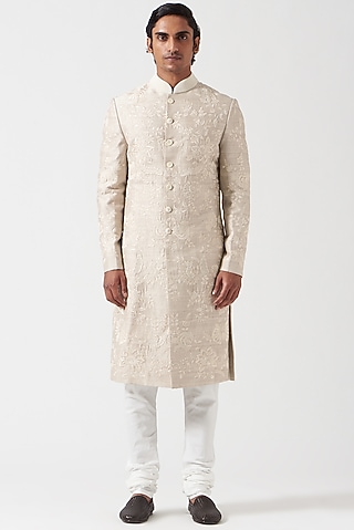 Chandi Silver Raw Silk Floral Thread Embroidered Sherwani Set by Divyam Mehta Men
