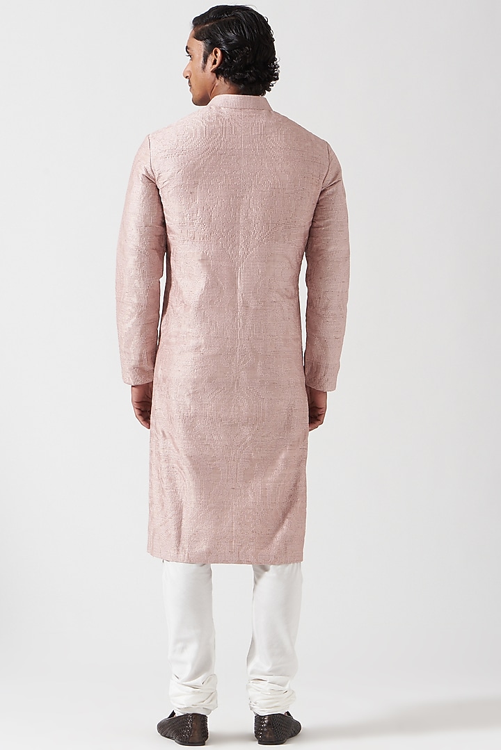 Pink Raw Silk Embroidered Kurta Set by Divyam Mehta Men at Pernia's Pop Up Shop