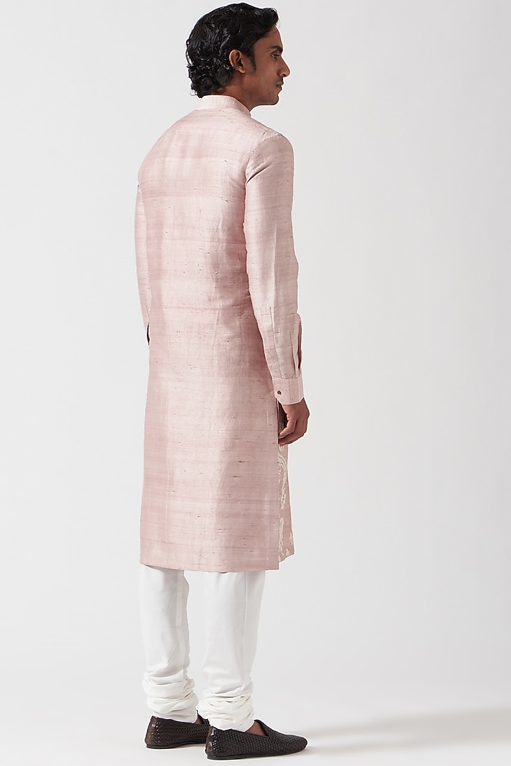Pink Raw Silk Floral Hand Embroidered Kurta Set by Divyam Mehta Men at Pernia's Pop Up Shop