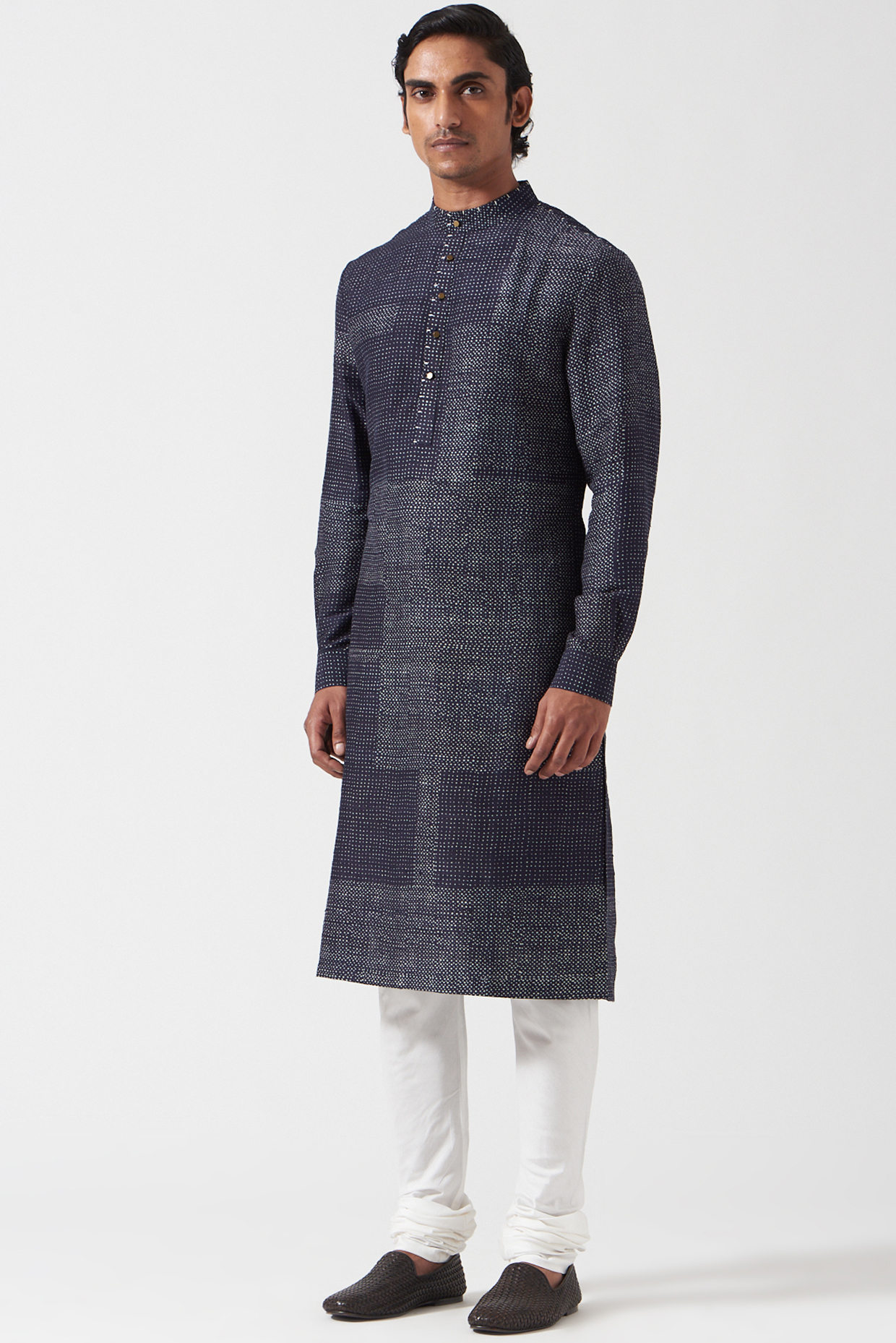 Space Blue Raw Silk Dot Printed Kurta Set by Divyam Mehta Men at Pernia's Pop Up Shop