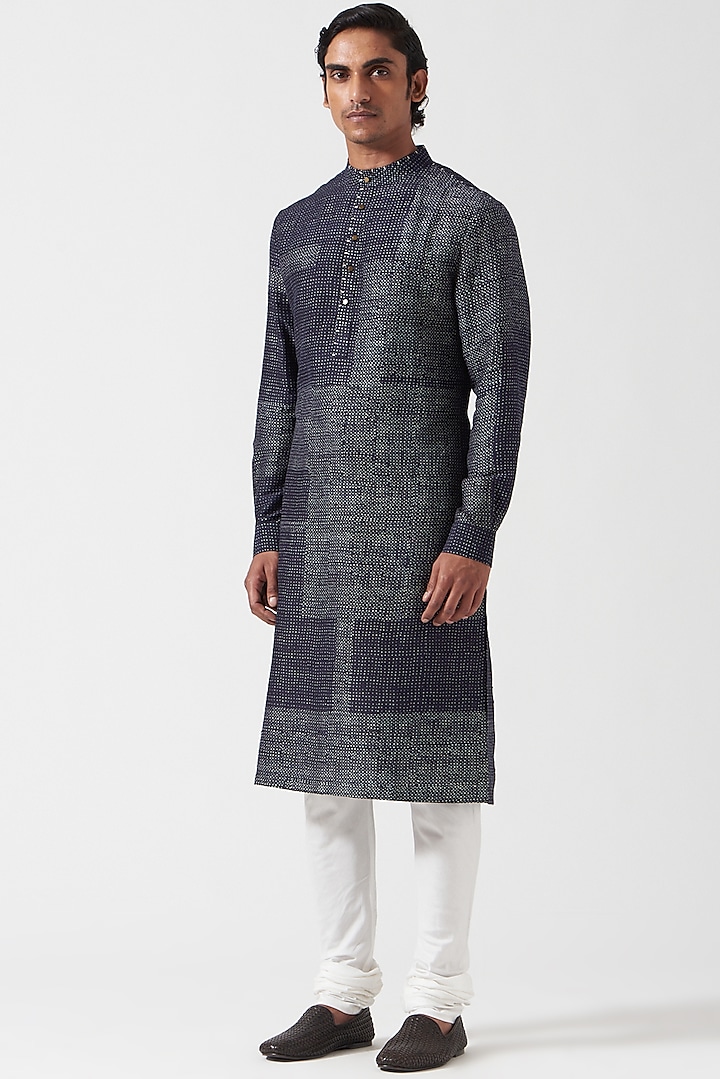 Space Blue Raw Silk Dot Printed Kurta Set by Divyam Mehta Men at Pernia's Pop Up Shop