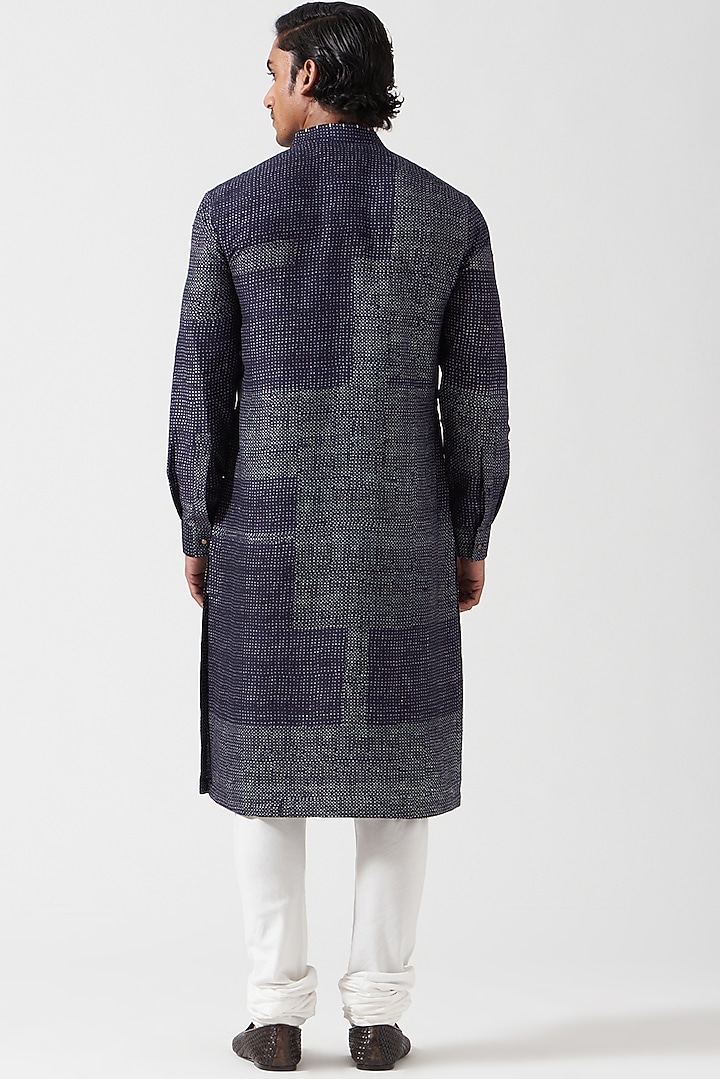 Space Blue Raw Silk Dot Printed Kurta Set by Divyam Mehta Men at Pernia's Pop Up Shop