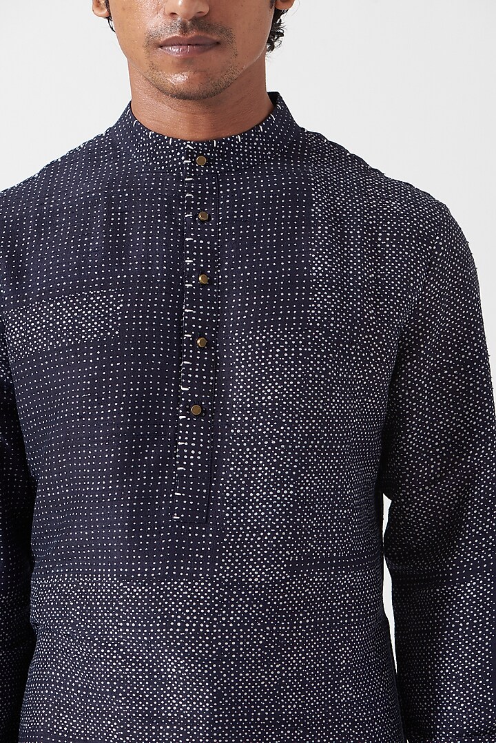 Space Blue Raw Silk Dot Printed Kurta Set by Divyam Mehta Men at Pernia's Pop Up Shop
