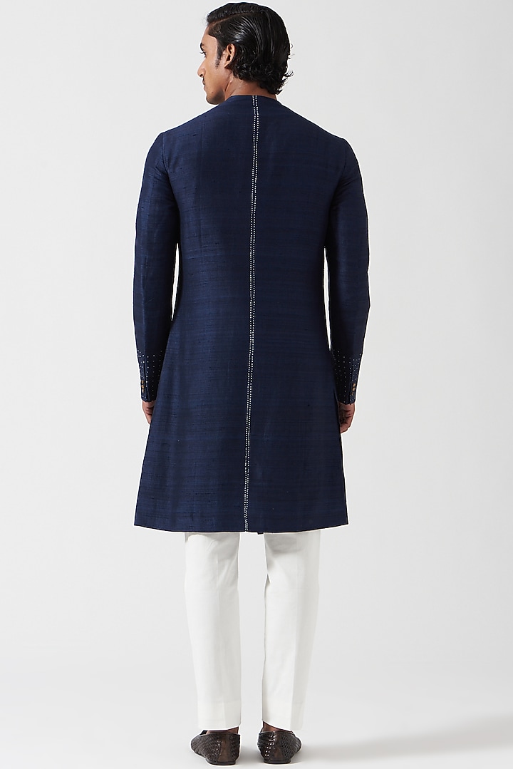 Space Blue Raw Silk Embroidered Kurta Set by Divyam Mehta Men at Pernia's Pop Up Shop
