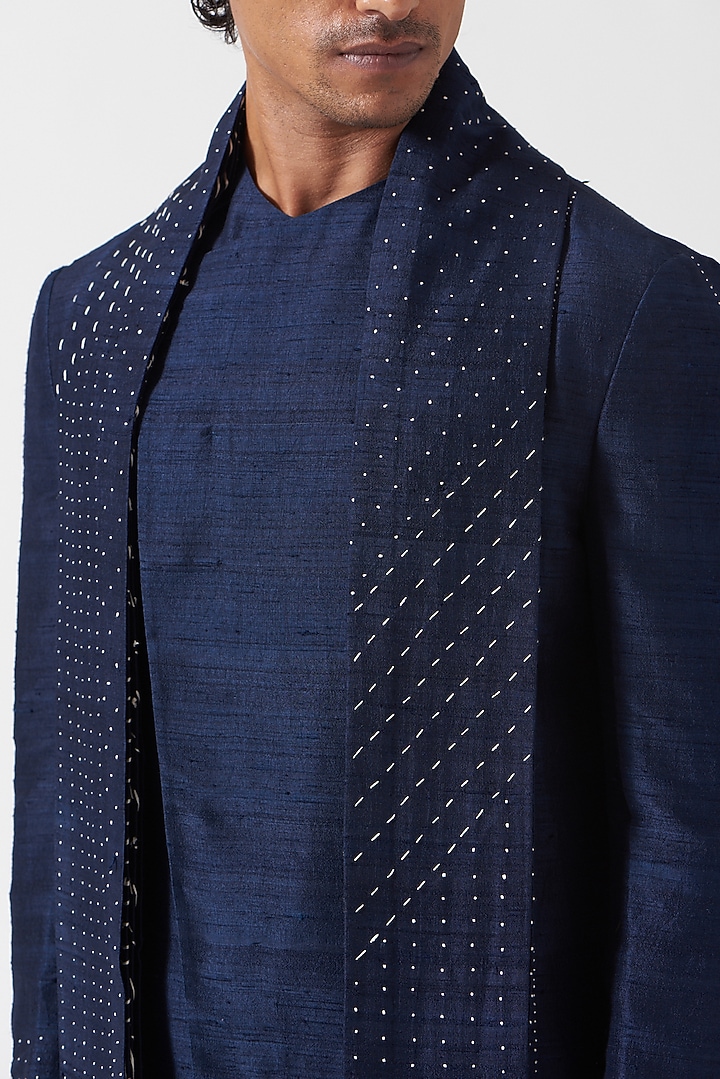 Space Blue Raw Silk Embroidered Kurta Set by Divyam Mehta Men at Pernia's Pop Up Shop