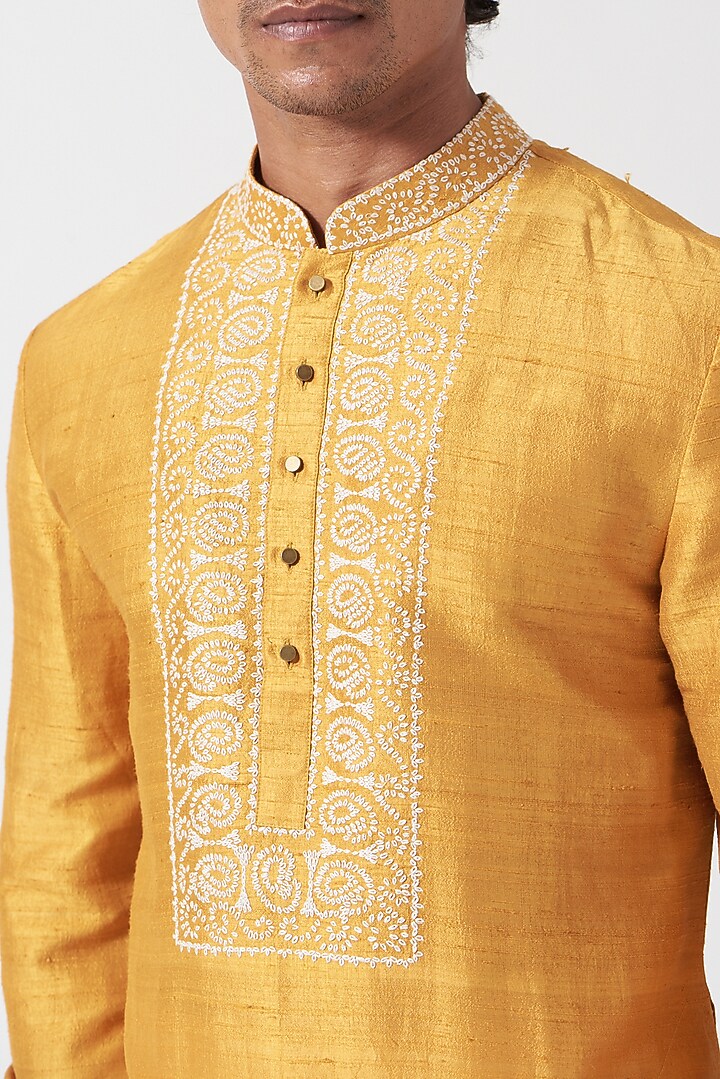 Pastel Yellow Cotton Silk Thread Embroidered Kurta Set by Divyam Mehta Men at Pernia's Pop Up Shop