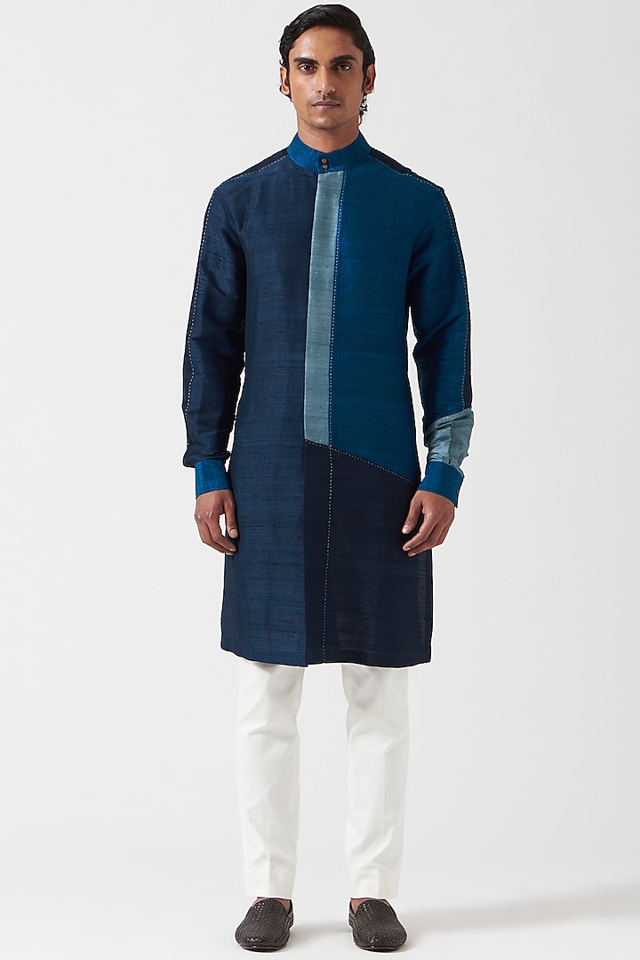 Dark Indigo Raw Silk Kurta Set by Divyam Mehta Men