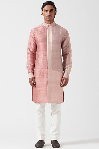 Antique Pink Raw Silk Color-Blocked Kurta Set by Divyam Mehta Men