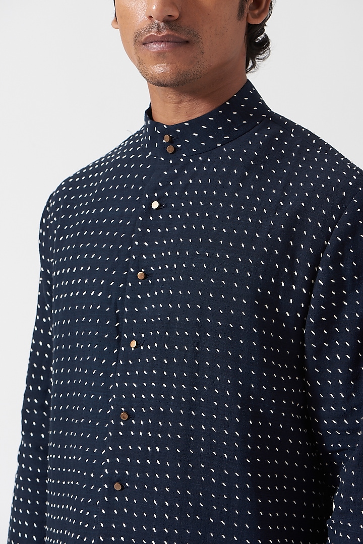 Space Blue Matka Silk Kurta Set by Divyam Mehta Men at Pernia's Pop Up Shop