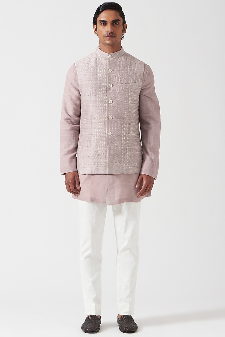 Lavender Matka Silk Kurta Set With Sadri Jacket by Divyam Mehta Men