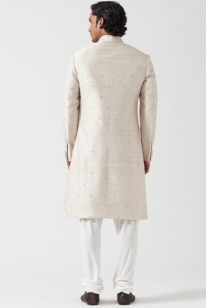 Chandi Silver Raw Silk Zari Dot Embroidered Wedding Sherwani Set by Divyam Mehta Men at Pernia's Pop Up Shop