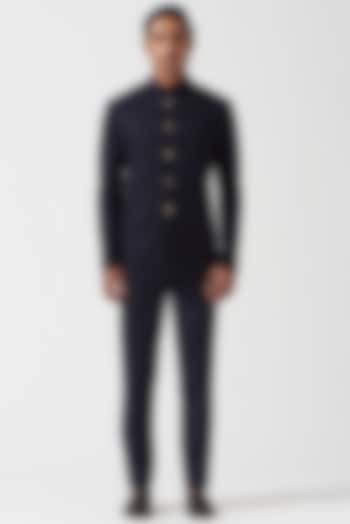 Space Blue Embroidered Bandhgala Set by Divyam Mehta Men