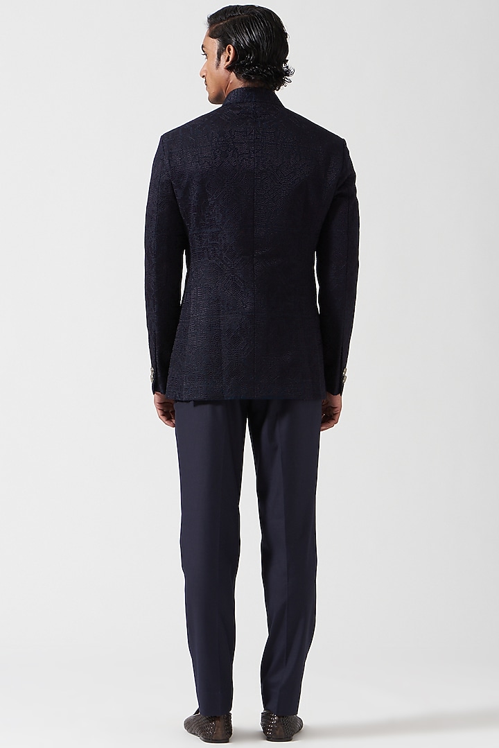 Space Blue Raw Silk Embroidered Wedding Bandhgala Set by Divyam Mehta Men at Pernia's Pop Up Shop