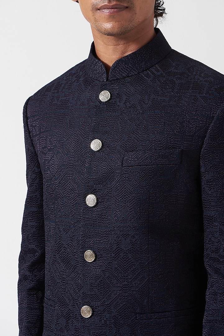 Space Blue Raw Silk Embroidered Wedding Bandhgala Set by Divyam Mehta Men at Pernia's Pop Up Shop