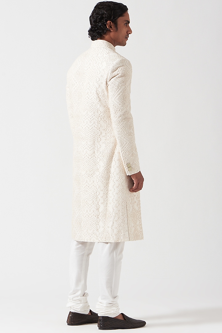 Ivory Raw Silk French Knot Embroidered Groom Sherwani Set by Divyam Mehta Men at Pernia's Pop Up Shop