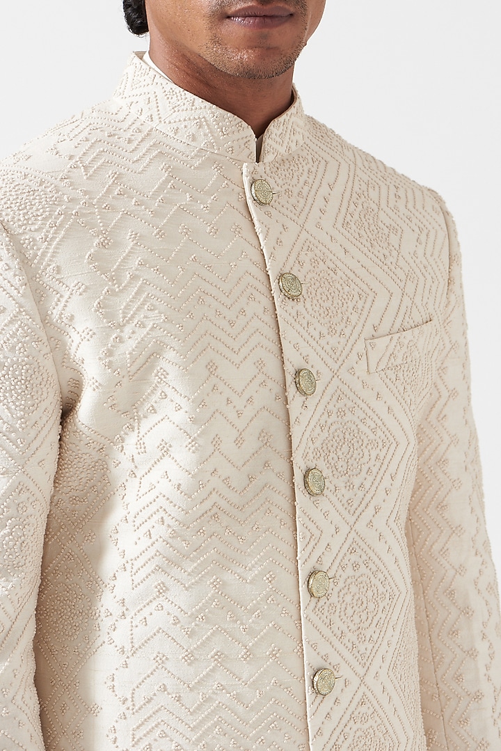 Ivory Raw Silk French Knot Embroidered Groom Sherwani Set by Divyam Mehta Men at Pernia's Pop Up Shop