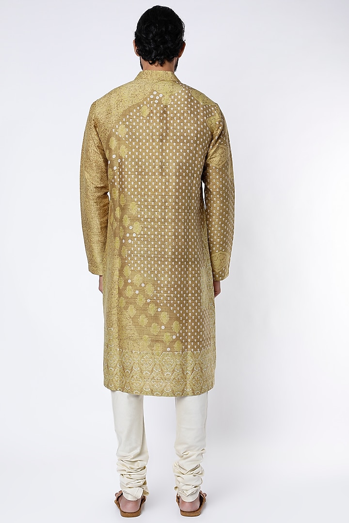 Gold Silk Embroidered & Printed Kurta Set by Divyam Mehta Men at Pernia's Pop Up Shop