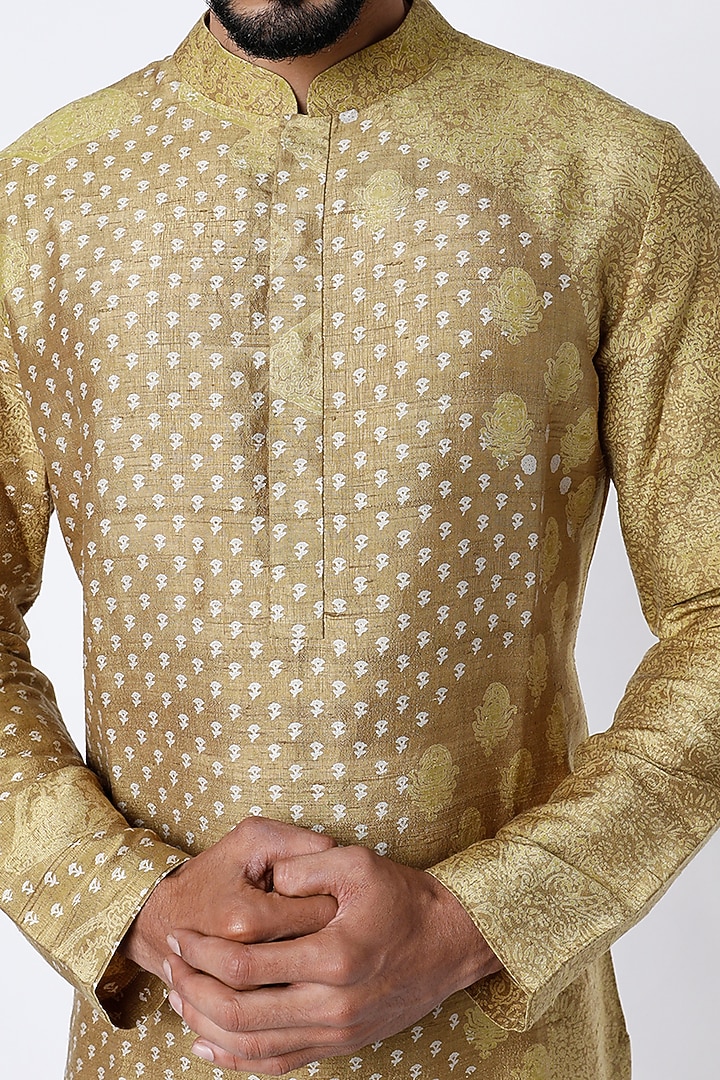 Gold Silk Embroidered & Printed Kurta Set by Divyam Mehta Men at Pernia's Pop Up Shop