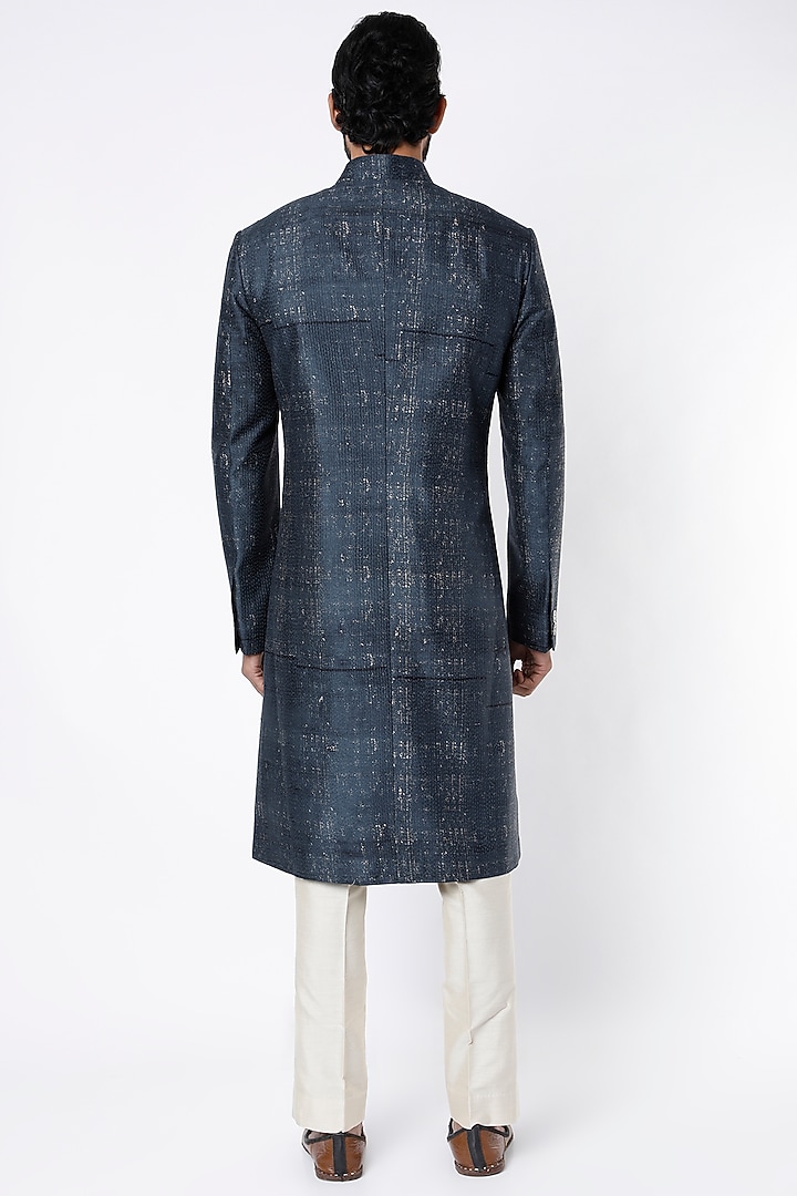 Blue Raw Silk Wedding Sherwani Set by Divyam Mehta Men at Pernia's Pop Up Shop