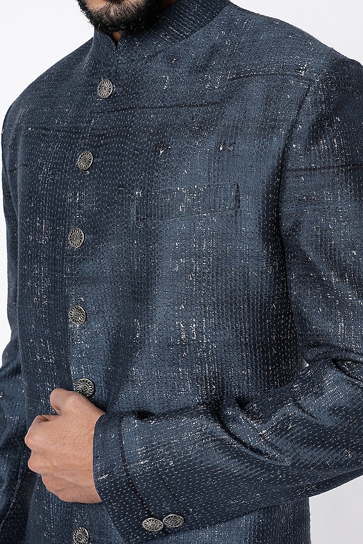 Blue Raw Silk Wedding Sherwani Set by Divyam Mehta Men at Pernia's Pop Up Shop