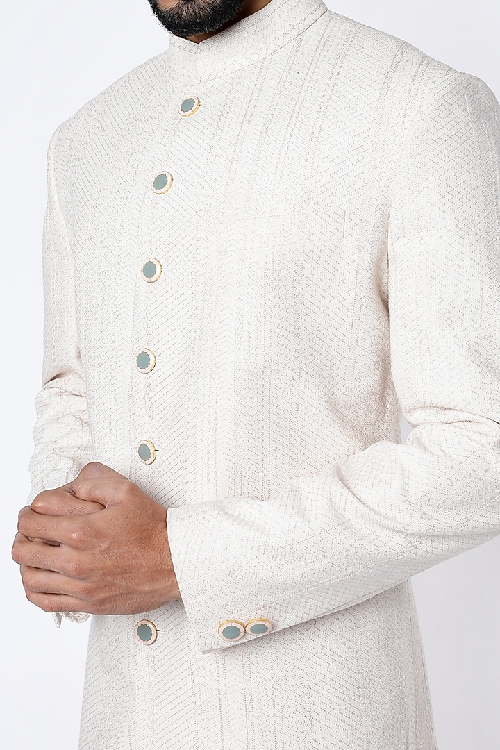 White Raw Silk Wedding Sherwani Set by Divyam Mehta Men at Pernia's Pop Up Shop