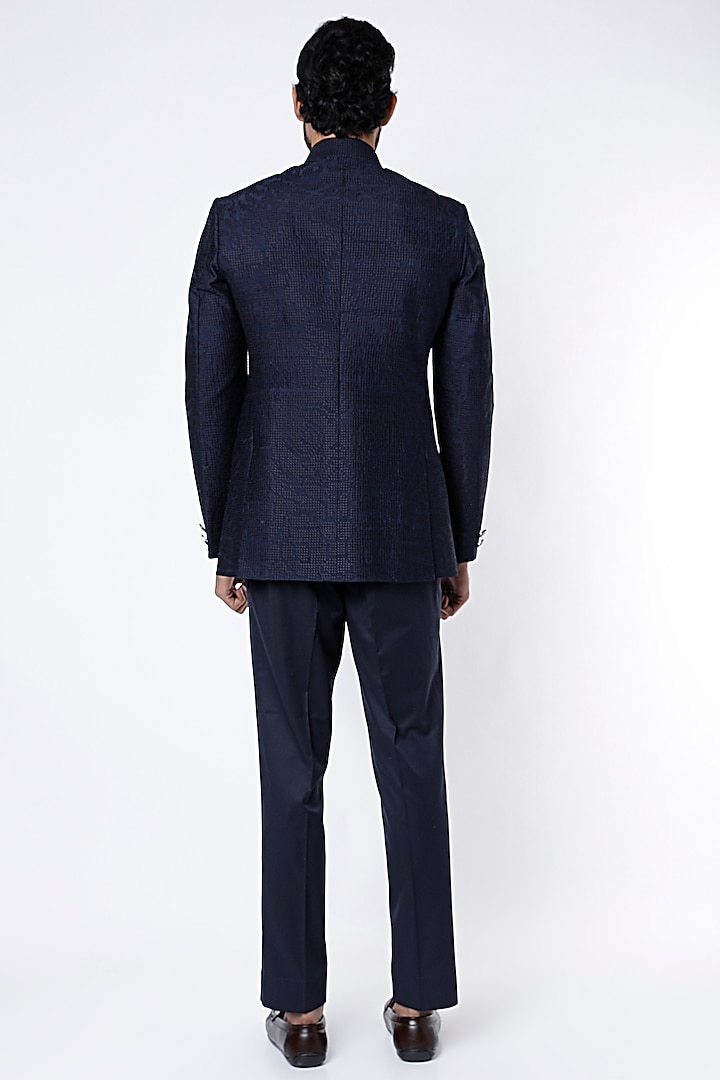 Blue Raw Silk Cross Stitch Embroidered Groom Bandhgala Set by Divyam Mehta Men at Pernia's Pop Up Shop