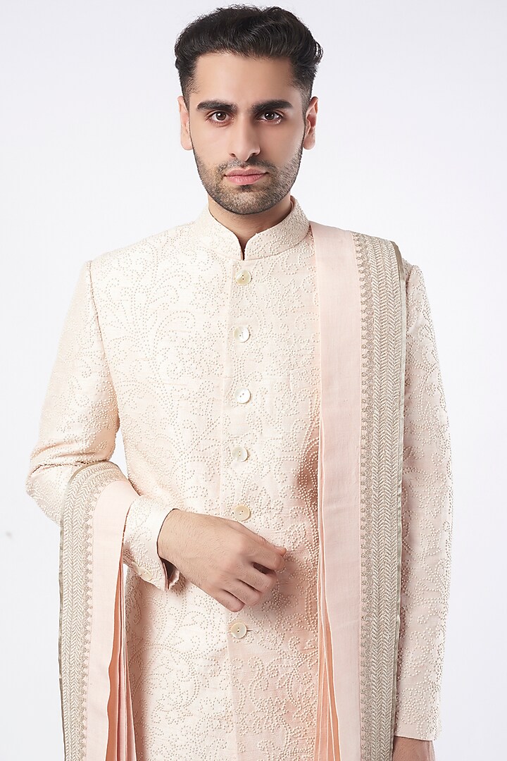 Oyster Pink Silk Groom Sherwani Set by Divyam Mehta Men at Pernia's Pop Up Shop