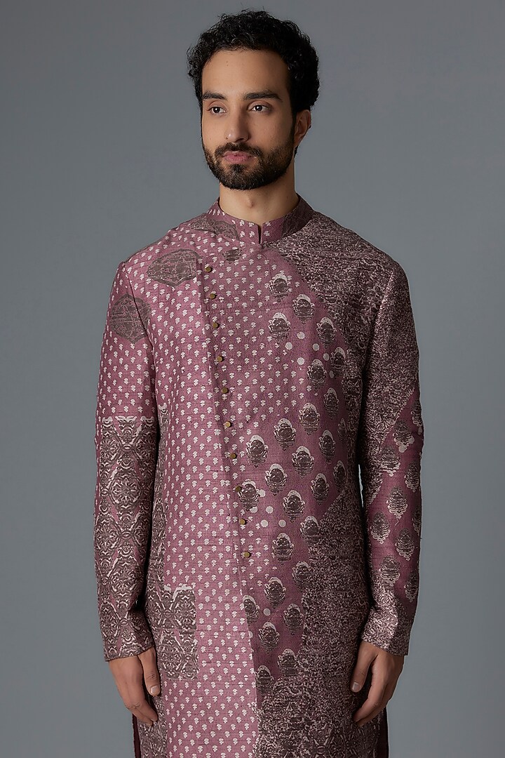 Rose Pink Raw Silk Printed Kurta Set by Divyam Mehta Men at Pernia's Pop Up Shop