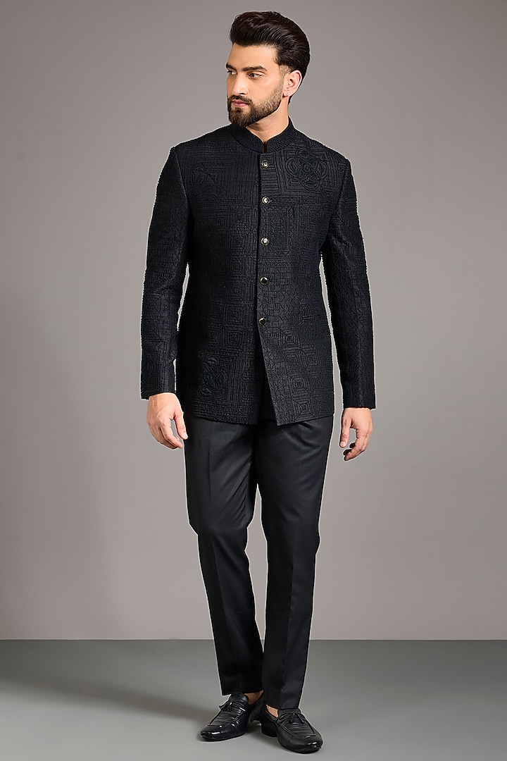 Black Raw Silk French Knot Embroidered Bandhgala Set by Divyam Mehta Men at Pernia's Pop Up Shop