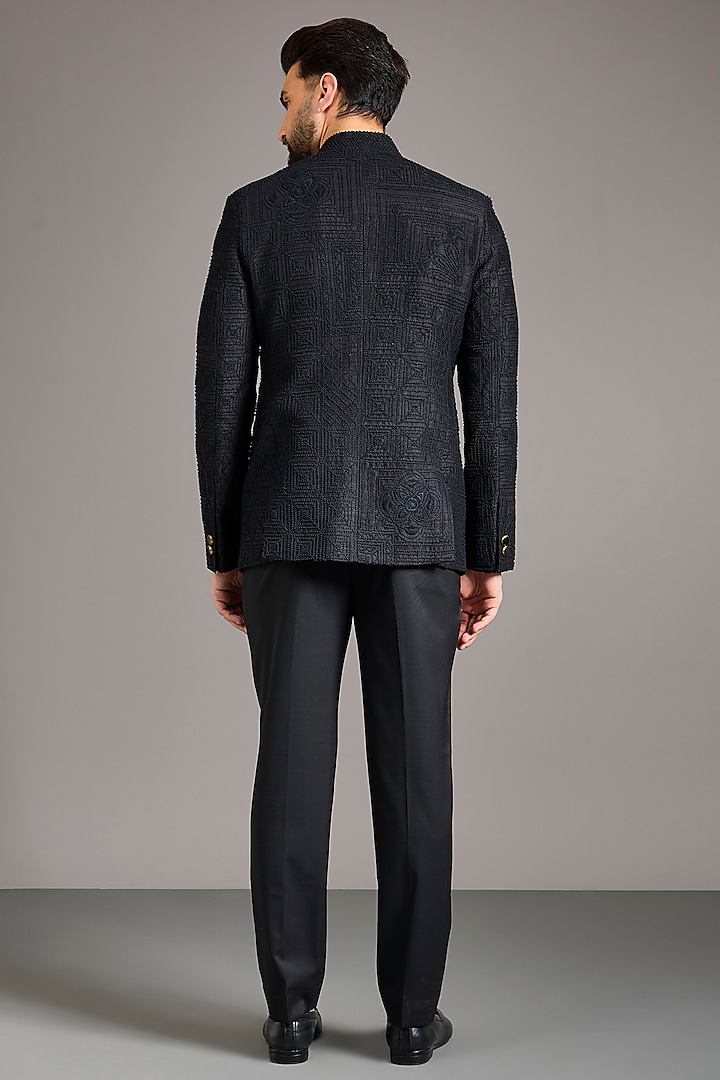 Black Raw Silk French Knot Embroidered Groom Bandhgala Set by Divyam Mehta Men at Pernia's Pop Up Shop