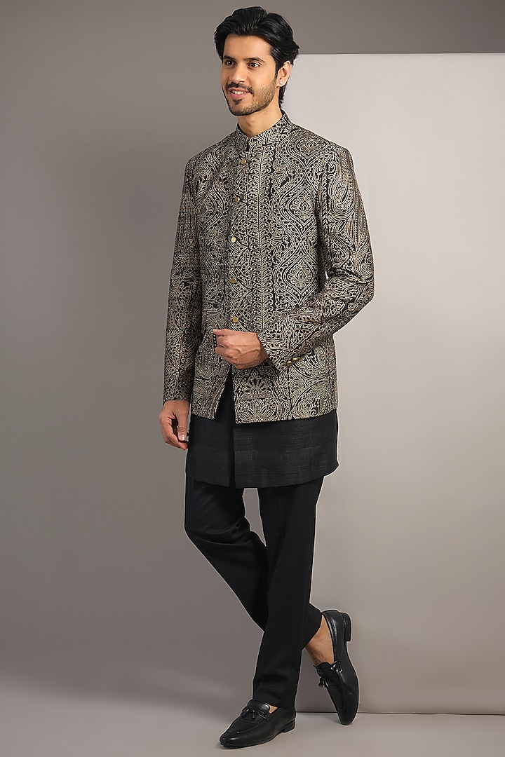 Black Silk Embroidered Bandhgala Set by Divyam Mehta Men