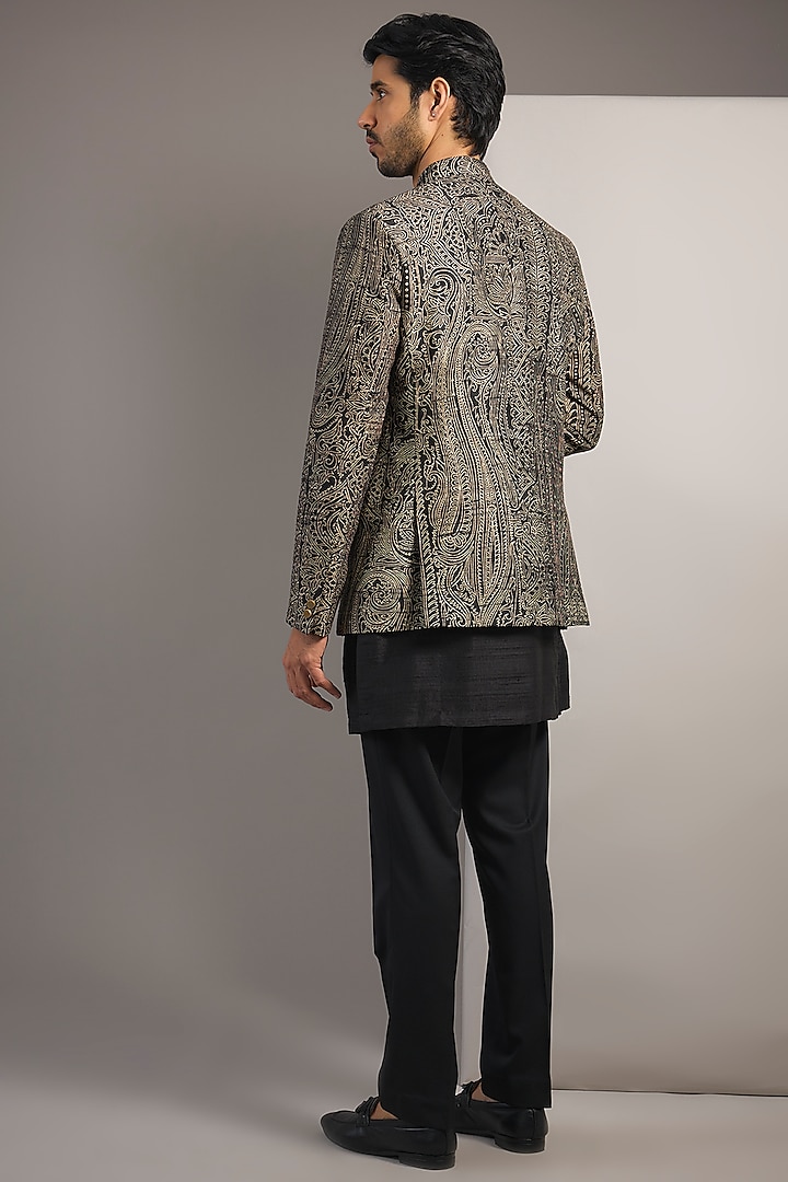 Black Silk Embroidered Groom Bandhgala Set by Divyam Mehta Men at Pernia's Pop Up Shop