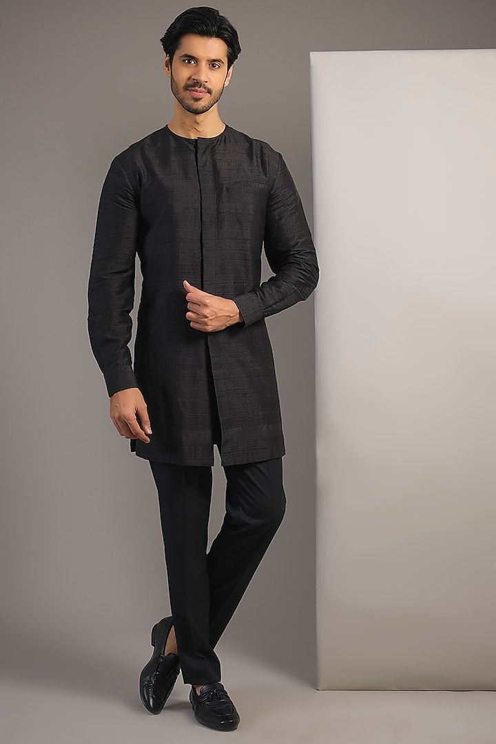 Black Silk Embroidered Groom Bandhgala Set by Divyam Mehta Men at Pernia's Pop Up Shop