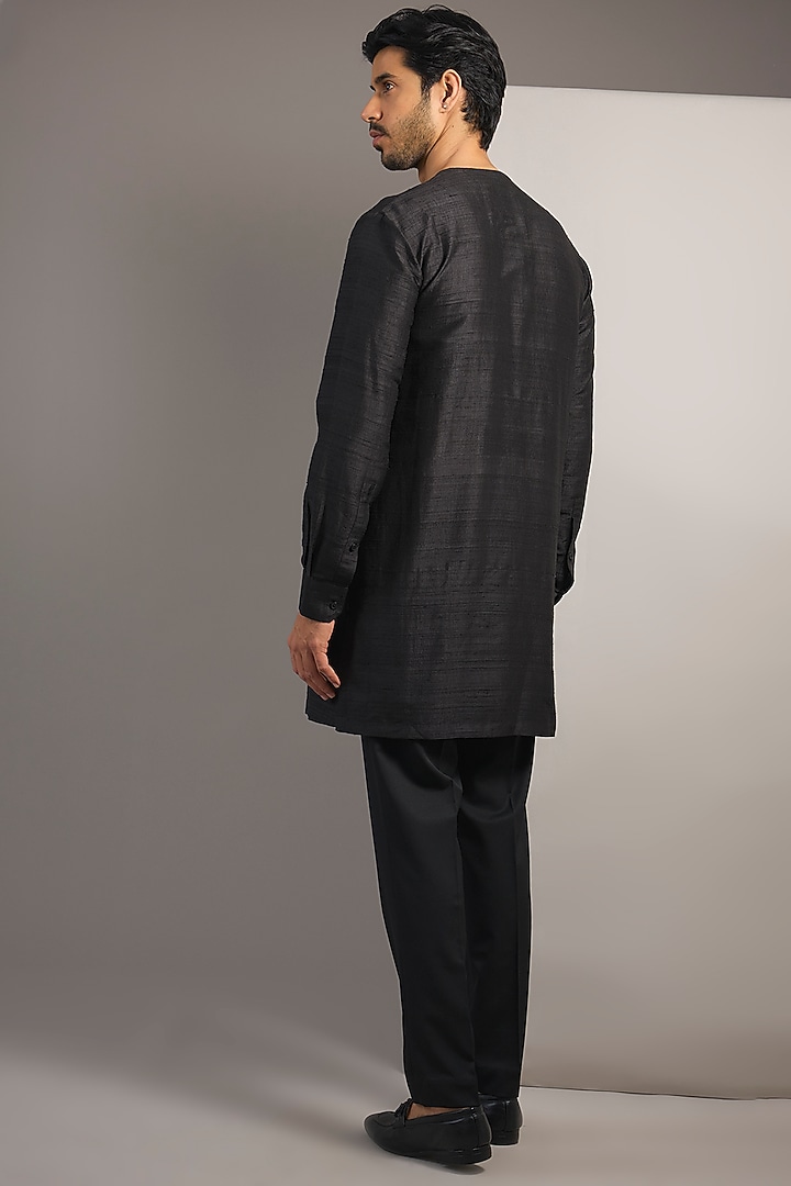 Black Silk Embroidered Groom Bandhgala Set by Divyam Mehta Men at Pernia's Pop Up Shop