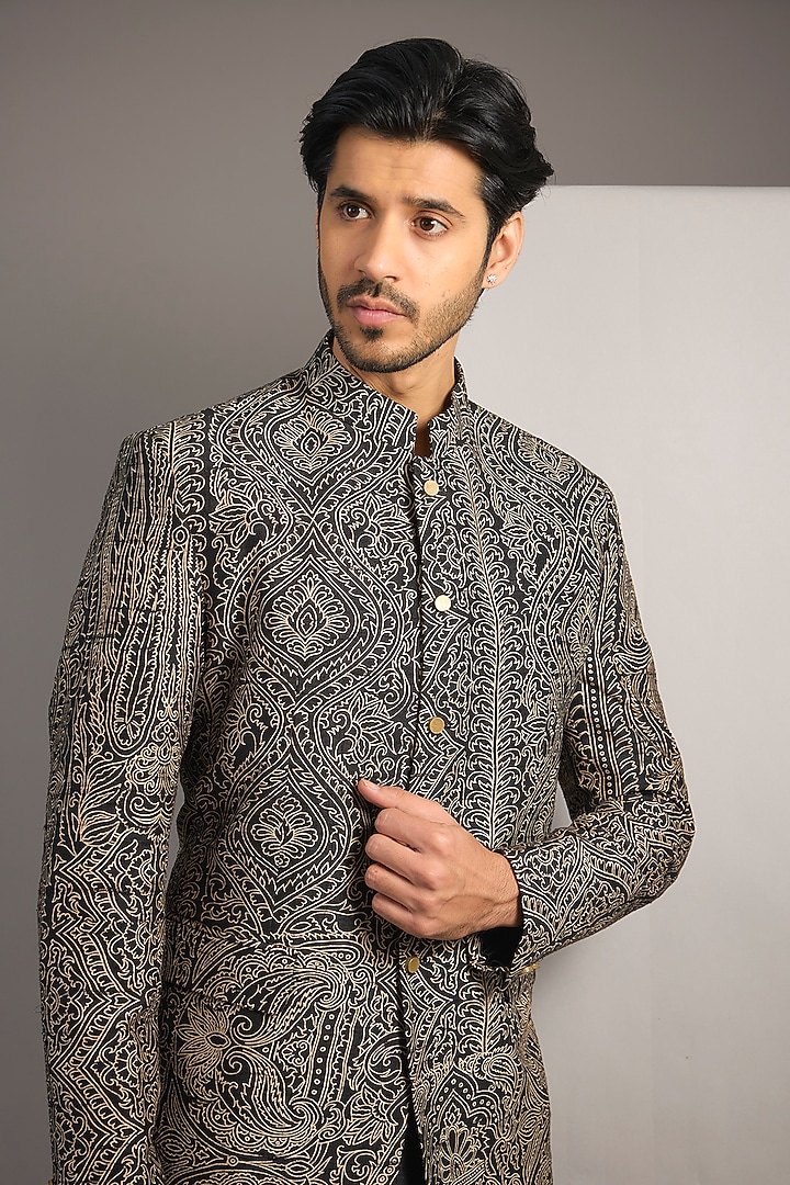 Black Silk Embroidered Groom Bandhgala Set by Divyam Mehta Men at Pernia's Pop Up Shop