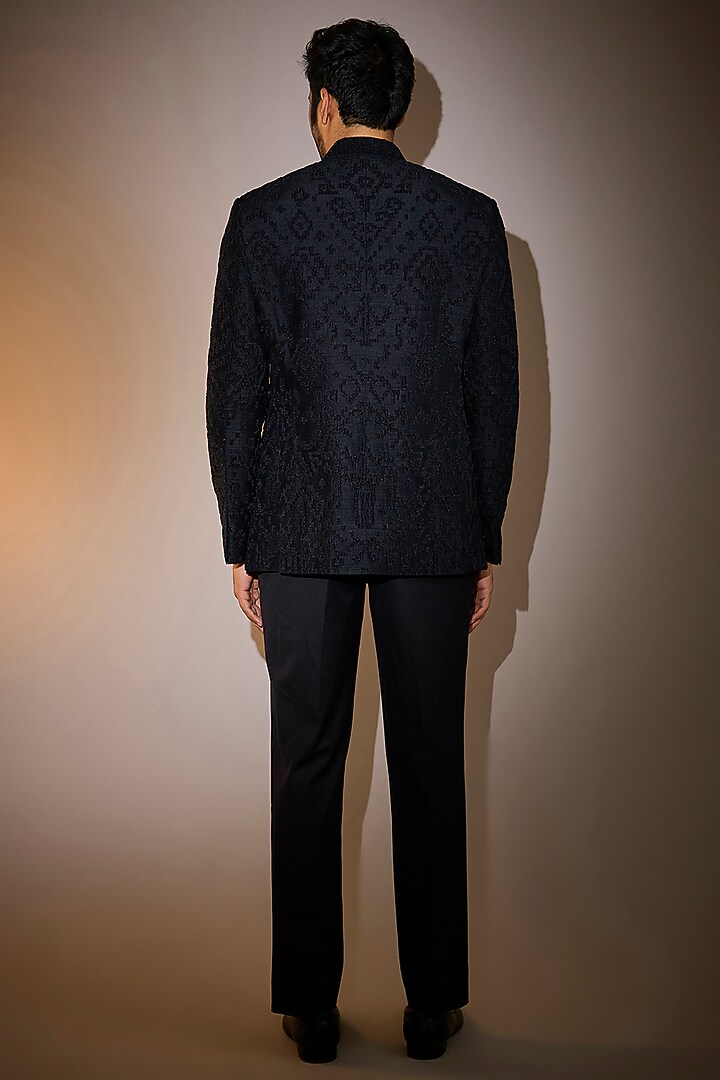 Space Blue Raw Silk Embroidered Groom Bandhgala Set by Divyam Mehta Men at Pernia's Pop Up Shop