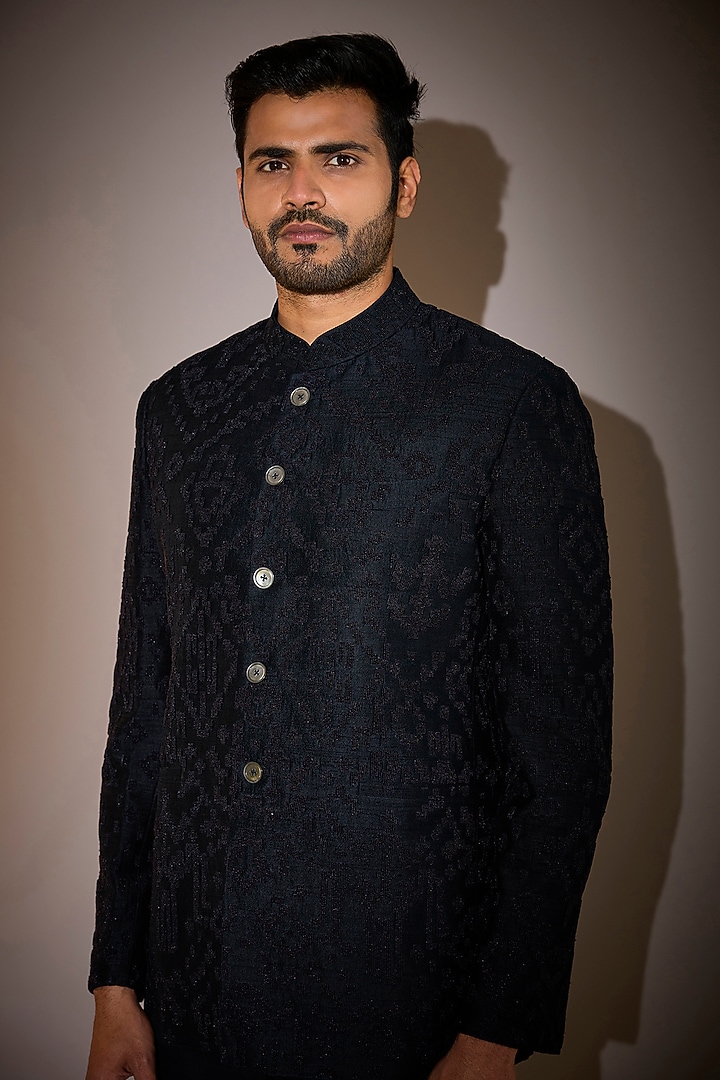 Space Blue Raw Silk Embroidered Groom Bandhgala Set by Divyam Mehta Men at Pernia's Pop Up Shop