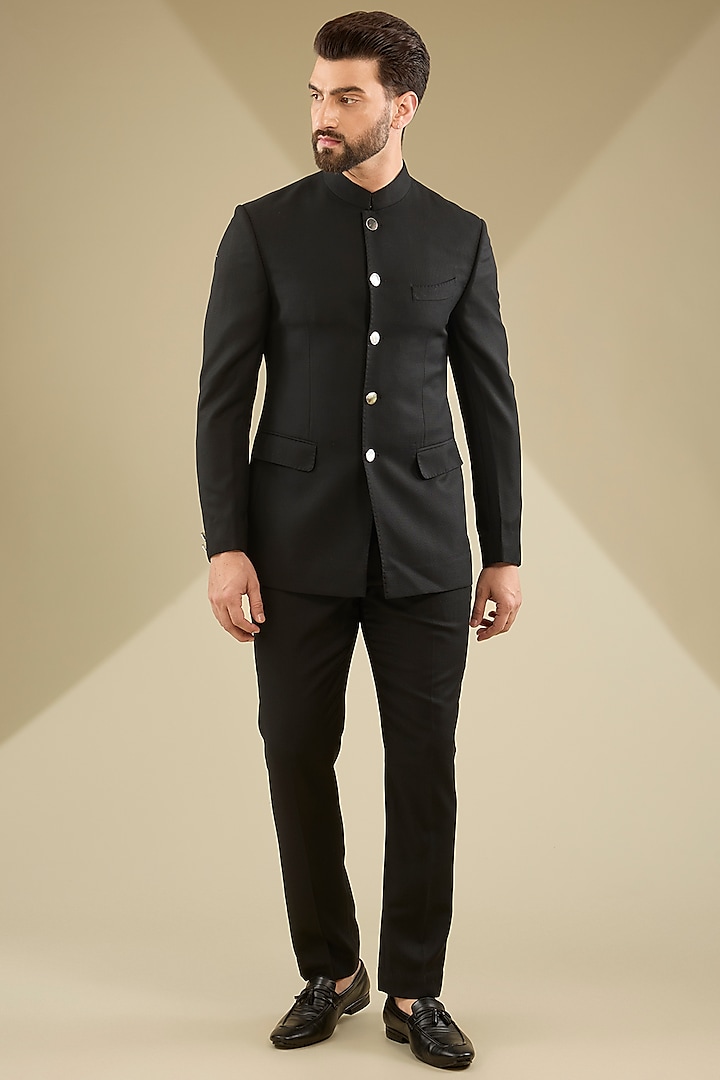 Black Raw Silk Bandhgala Set by Divyam Mehta Men