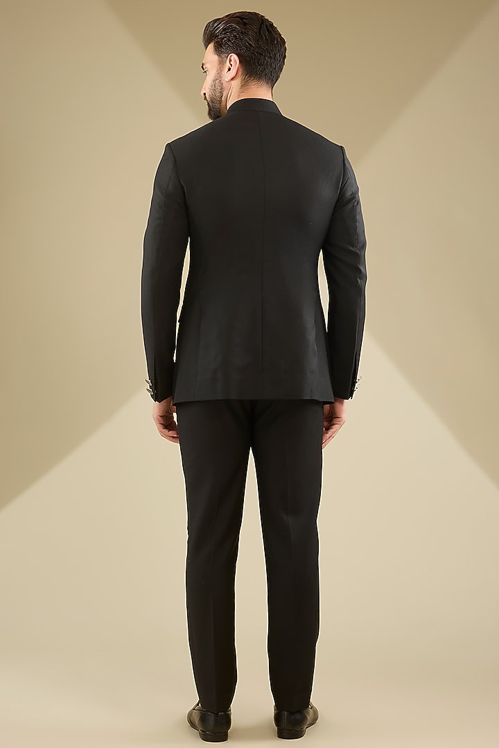 Black Raw Silk Bandhgala Set by Divyam Mehta Men at Pernia's Pop Up Shop